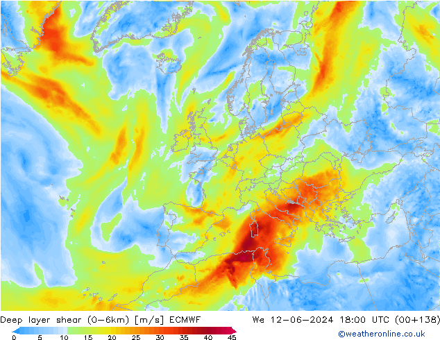 Deep layer shear (0-6km) ECMWF mer 12.06.2024 18 UTC