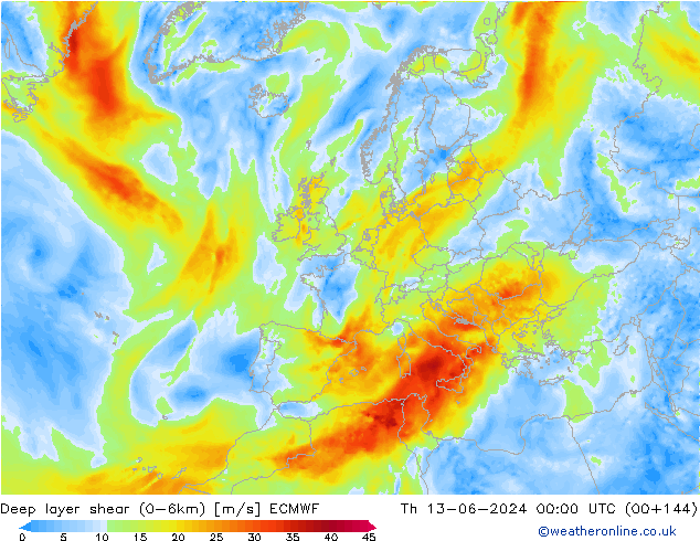 Deep layer shear (0-6km) ECMWF gio 13.06.2024 00 UTC