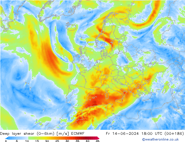 Deep layer shear (0-6km) ECMWF  14.06.2024 18 UTC