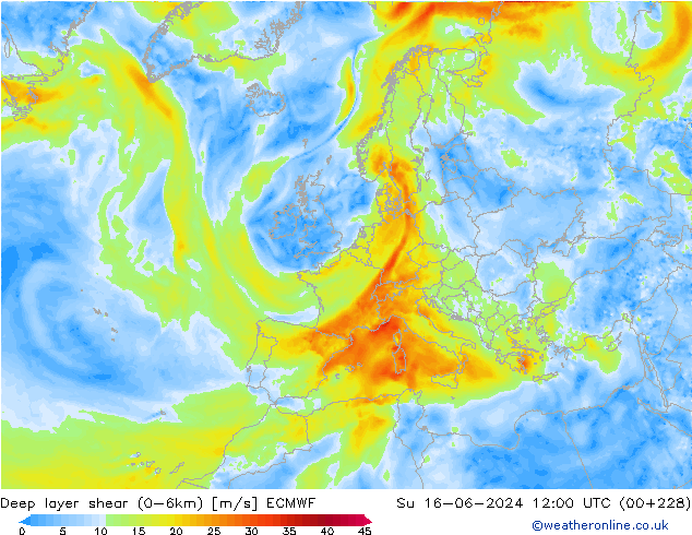 Deep layer shear (0-6km) ECMWF So 16.06.2024 12 UTC