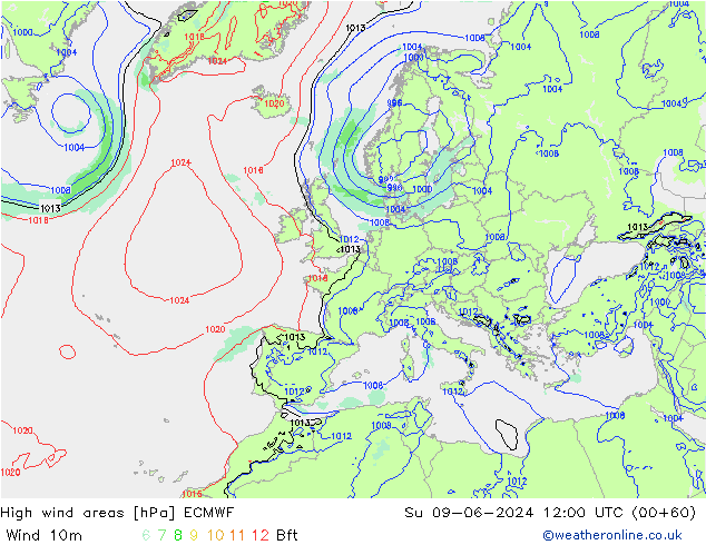 High wind areas ECMWF dim 09.06.2024 12 UTC