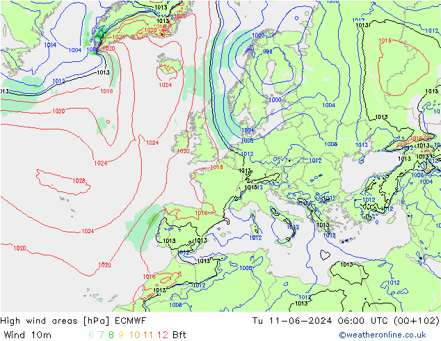 High wind areas ECMWF Tu 11.06.2024 06 UTC