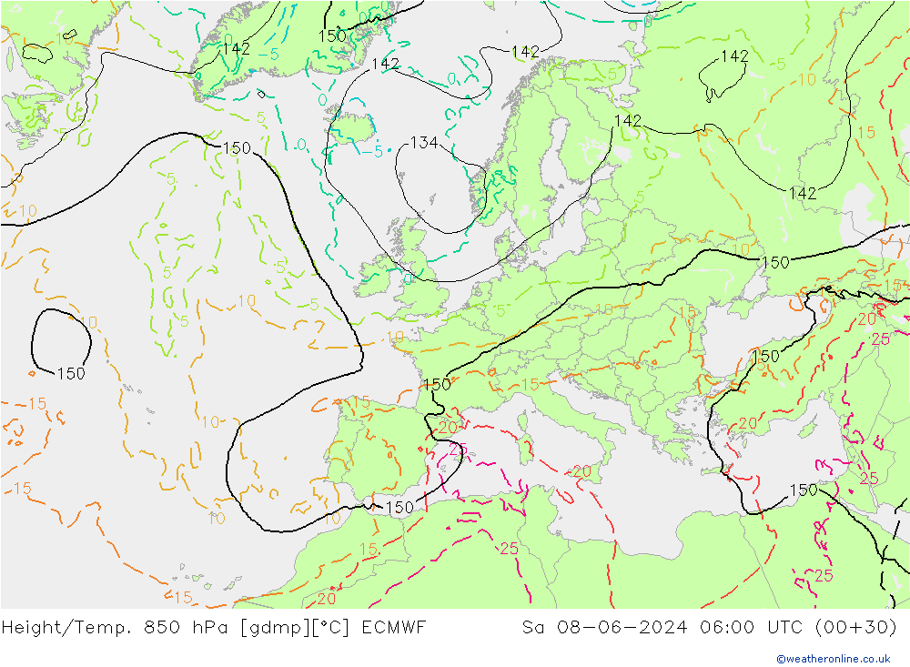 Height/Temp. 850 hPa ECMWF Sáb 08.06.2024 06 UTC