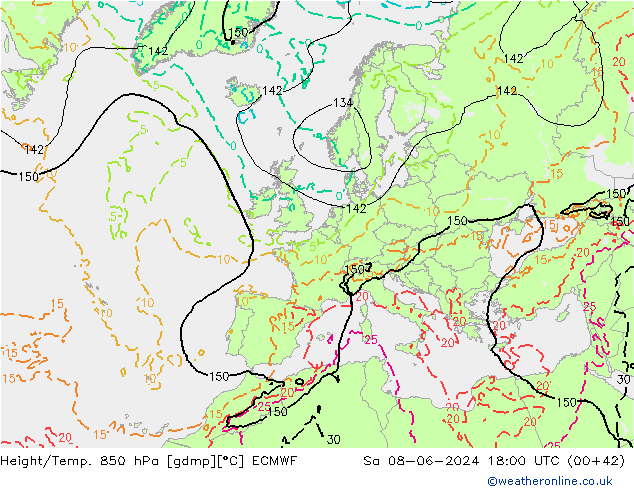 Height/Temp. 850 hPa ECMWF So 08.06.2024 18 UTC