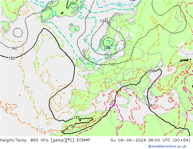 Height/Temp. 850 hPa ECMWF So 09.06.2024 06 UTC