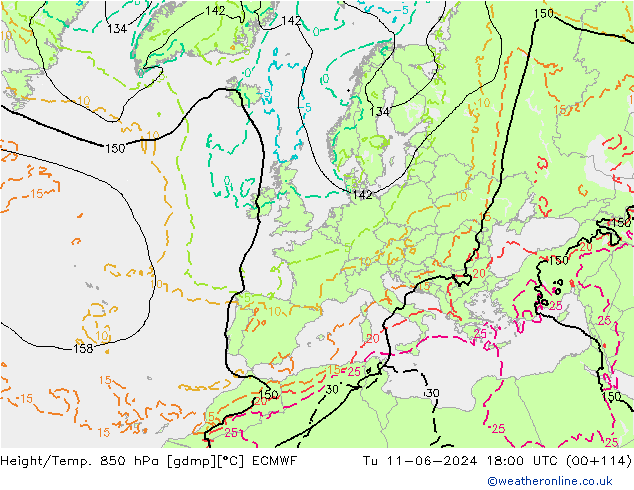 Z500/Rain (+SLP)/Z850 ECMWF Út 11.06.2024 18 UTC