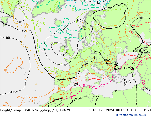 Hoogte/Temp. 850 hPa ECMWF za 15.06.2024 00 UTC