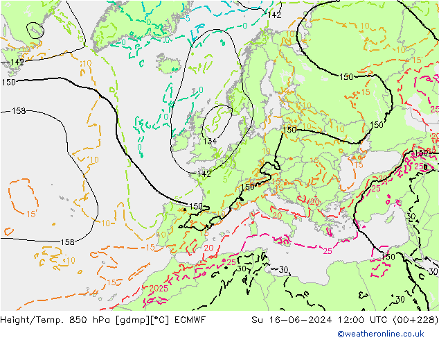 Height/Temp. 850 hPa ECMWF Ne 16.06.2024 12 UTC