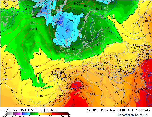 SLP/Temp. 850 hPa ECMWF Sa 08.06.2024 00 UTC