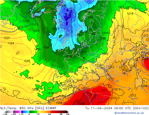 SLP/Temp. 850 hPa ECMWF Út 11.06.2024 06 UTC