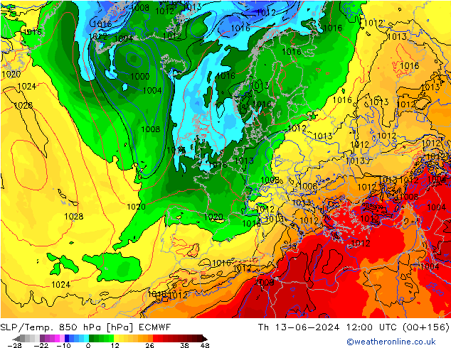 SLP/Temp. 850 hPa ECMWF Th 13.06.2024 12 UTC