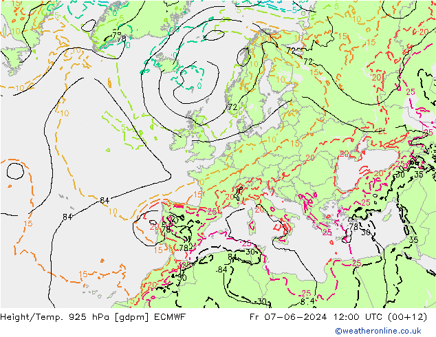 Height/Temp. 925 hPa ECMWF Fr 07.06.2024 12 UTC