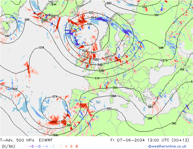 T-Adv. 500 hPa ECMWF Fr 07.06.2024 12 UTC