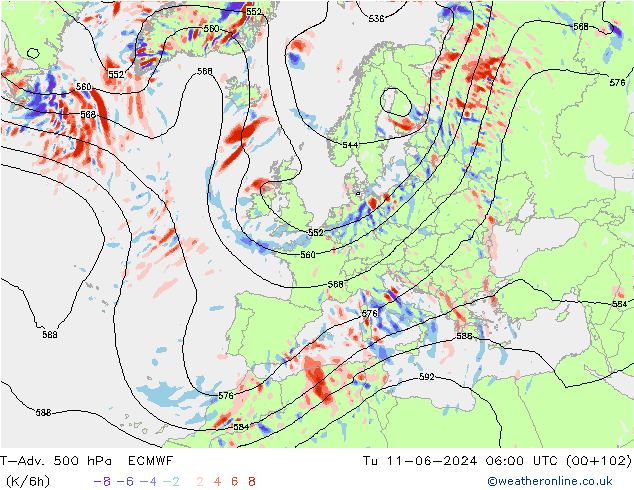 T-Adv. 500 гПа ECMWF вт 11.06.2024 06 UTC