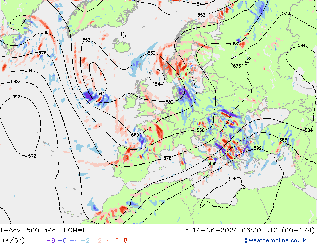 T-Adv. 500 hPa ECMWF Fr 14.06.2024 06 UTC