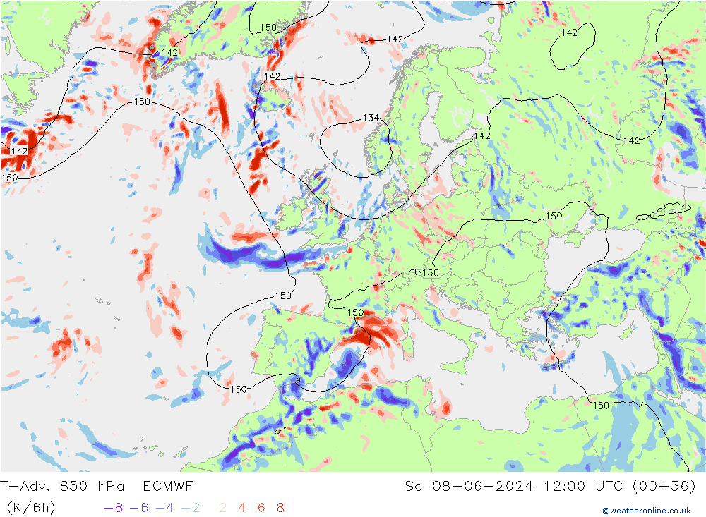 T-Adv. 850 hPa ECMWF Sa 08.06.2024 12 UTC