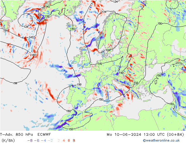 T-Adv. 850 hPa ECMWF Mo 10.06.2024 12 UTC