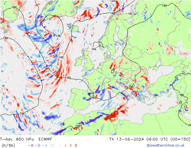 T-Adv. 850 hPa ECMWF Th 13.06.2024 06 UTC