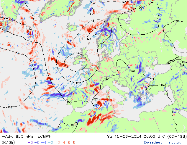 T-Adv. 850 hPa ECMWF Sa 15.06.2024 06 UTC