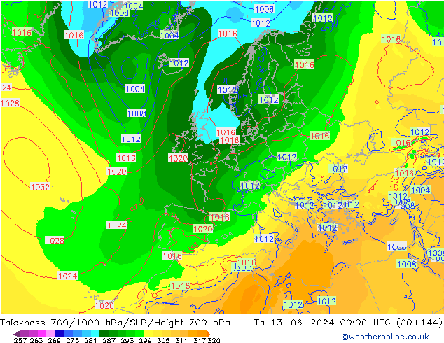 Thck 700-1000 hPa ECMWF Čt 13.06.2024 00 UTC