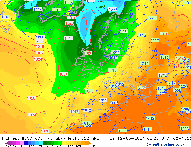 Thck 850-1000 hPa ECMWF Qua 12.06.2024 00 UTC