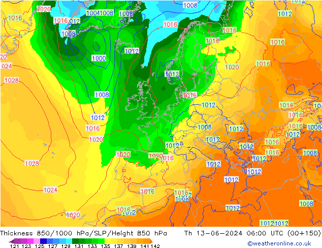 Thck 850-1000 hPa ECMWF Čt 13.06.2024 06 UTC