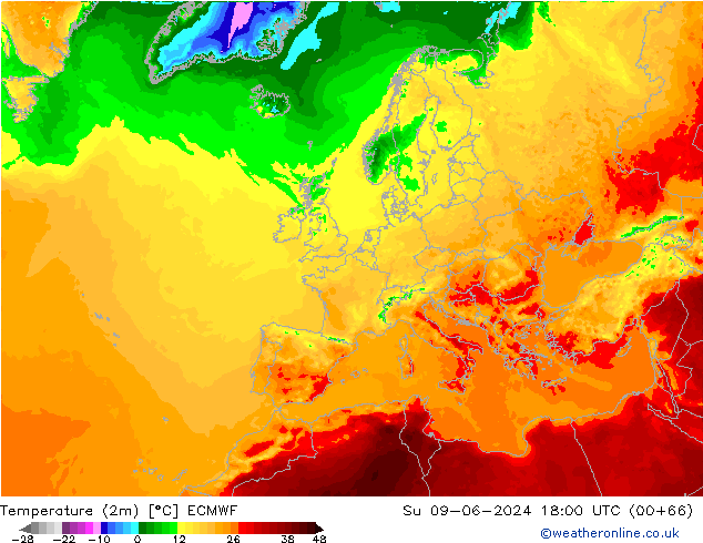 mapa temperatury (2m) ECMWF nie. 09.06.2024 18 UTC