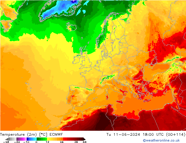 Temperaturkarte (2m) ECMWF Di 11.06.2024 18 UTC