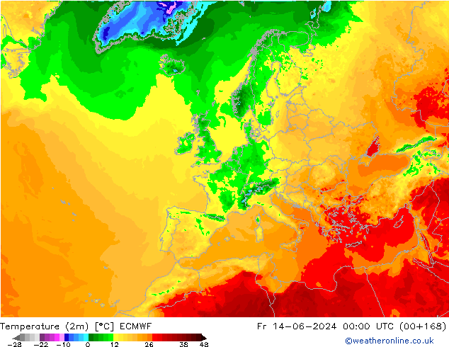 Temperaturkarte (2m) ECMWF Fr 14.06.2024 00 UTC