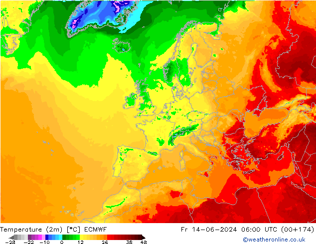 Temperaturkarte (2m) ECMWF Fr 14.06.2024 06 UTC