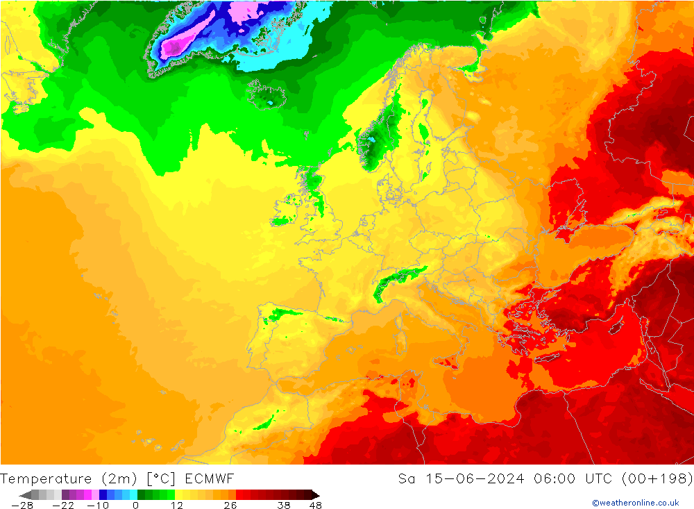 Temperatura (2m) ECMWF sab 15.06.2024 06 UTC