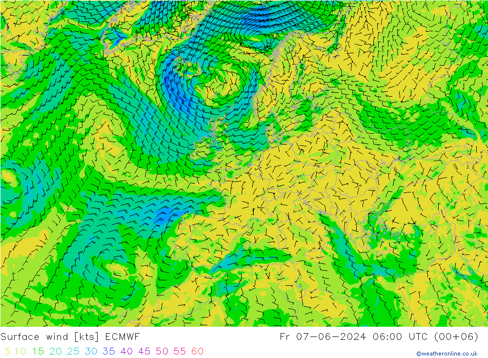 wiatr 10 m ECMWF pt. 07.06.2024 06 UTC