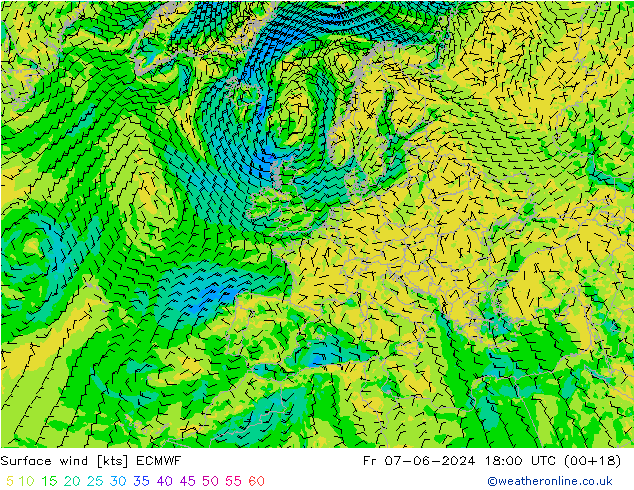 Surface wind ECMWF Fr 07.06.2024 18 UTC