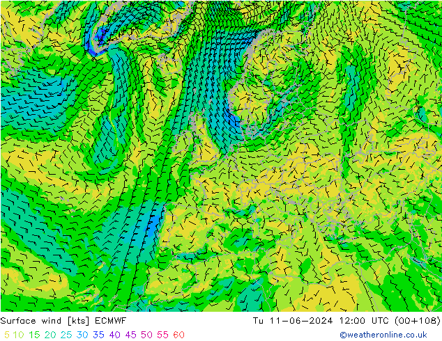 Vento 10 m ECMWF mar 11.06.2024 12 UTC