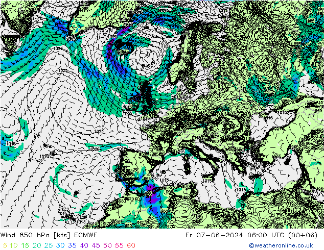 Wind 850 hPa ECMWF Fr 07.06.2024 06 UTC