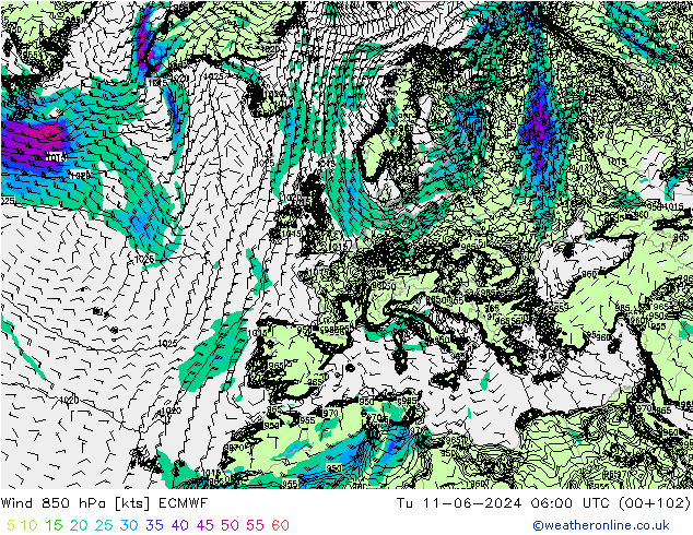 Wind 850 hPa ECMWF Út 11.06.2024 06 UTC