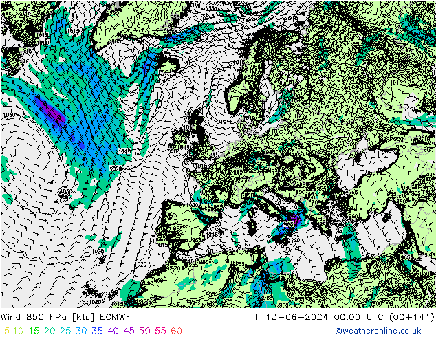 Wind 850 hPa ECMWF Čt 13.06.2024 00 UTC