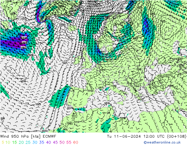 Vento 950 hPa ECMWF Ter 11.06.2024 12 UTC