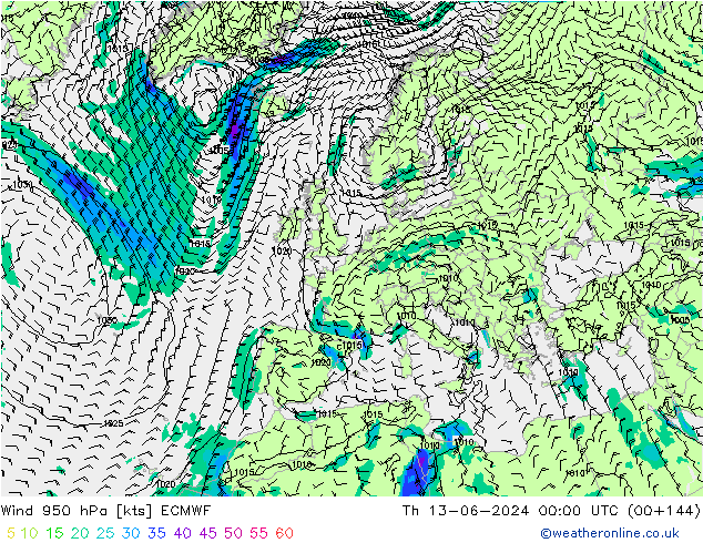 Wind 950 hPa ECMWF Čt 13.06.2024 00 UTC