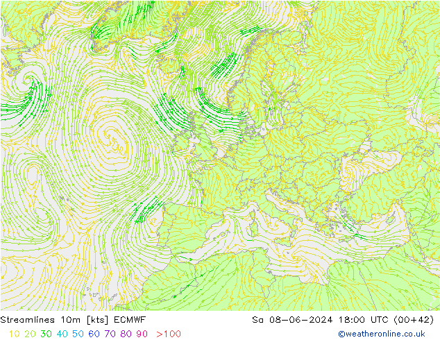 Stromlinien 10m ECMWF Sa 08.06.2024 18 UTC