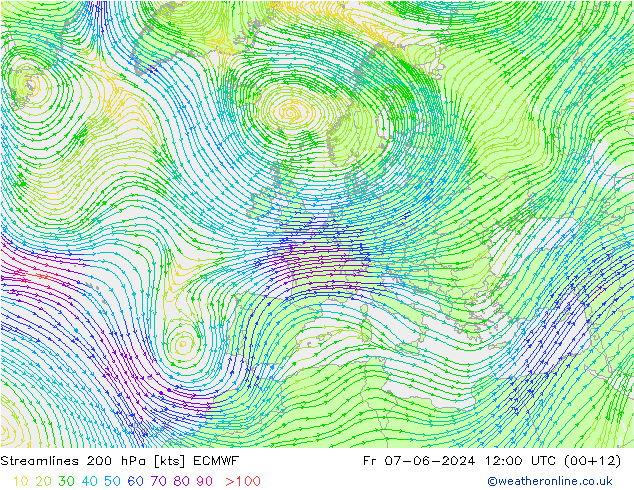 Rüzgar 200 hPa ECMWF Cu 07.06.2024 12 UTC