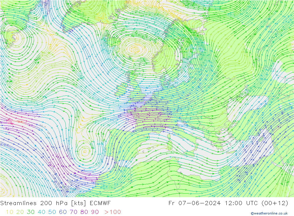 Rüzgar 200 hPa ECMWF Cu 07.06.2024 12 UTC