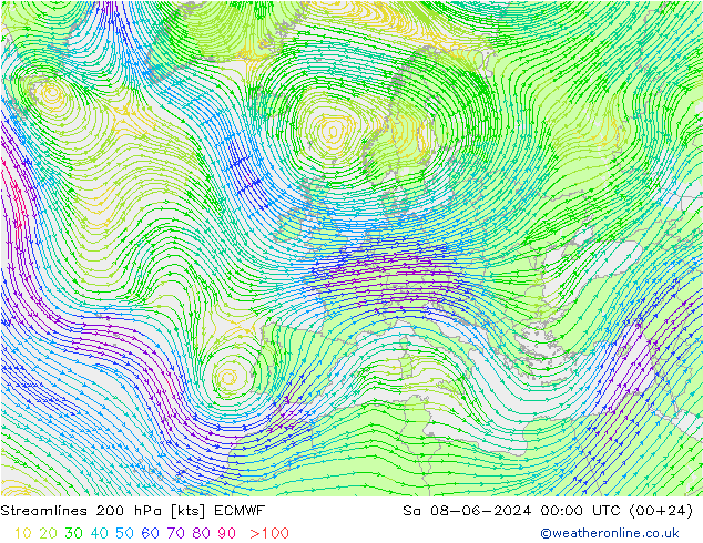 Stromlinien 200 hPa ECMWF Sa 08.06.2024 00 UTC