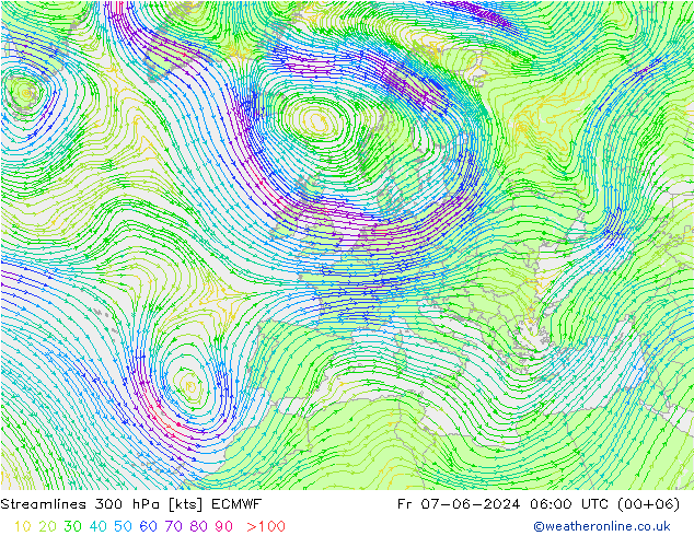 Línea de corriente 300 hPa ECMWF vie 07.06.2024 06 UTC