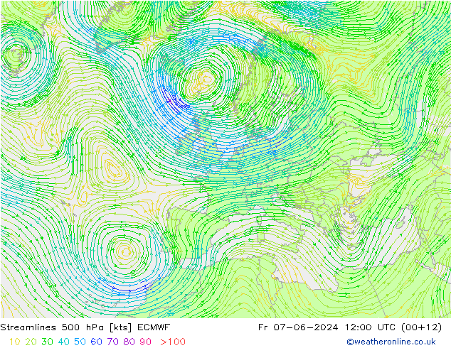Rüzgar 500 hPa ECMWF Cu 07.06.2024 12 UTC