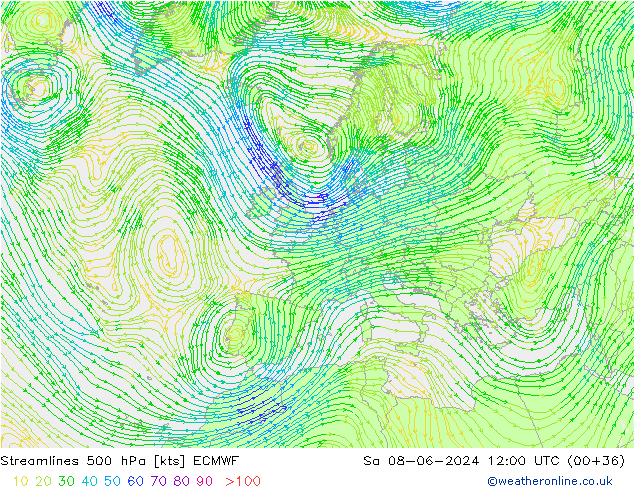 Stromlinien 500 hPa ECMWF Sa 08.06.2024 12 UTC