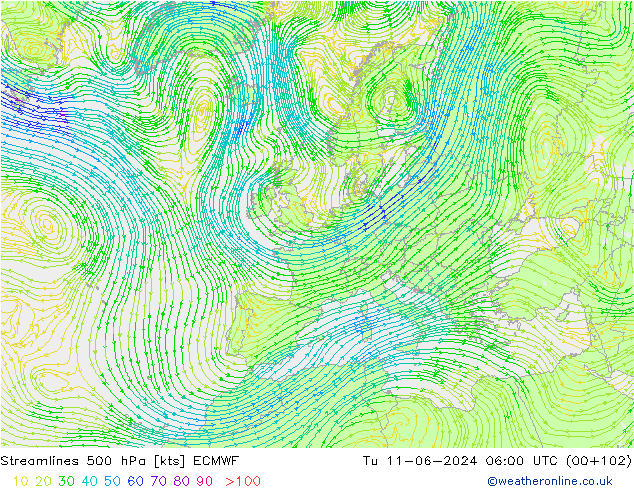 Linha de corrente 500 hPa ECMWF Ter 11.06.2024 06 UTC