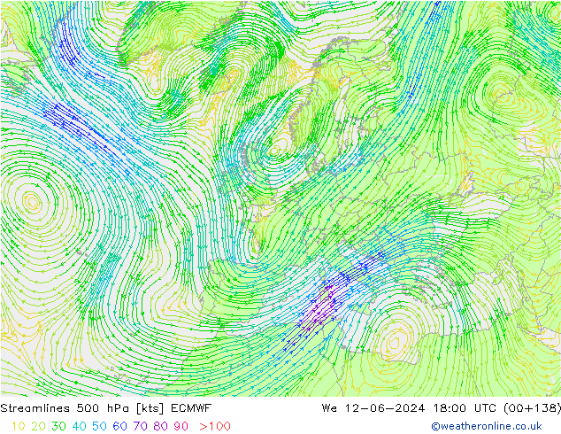 Linea di flusso 500 hPa ECMWF mer 12.06.2024 18 UTC