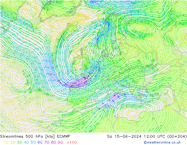 Stromlinien 500 hPa ECMWF Sa 15.06.2024 12 UTC