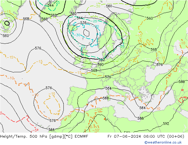 Z500/Rain (+SLP)/Z850 ECMWF Pá 07.06.2024 06 UTC